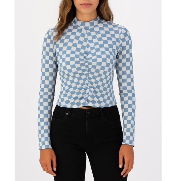 Storia Tops - Storia Checkered Silky Long Sleeve Mock Neck Cinched Cropped Top Size Small NWOT